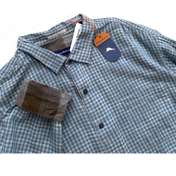 Tommy Bahama Nwt Dual Lux Gingham Pebble Grey Blue BT317520 Shirt 3XB - Picture 5 of 5